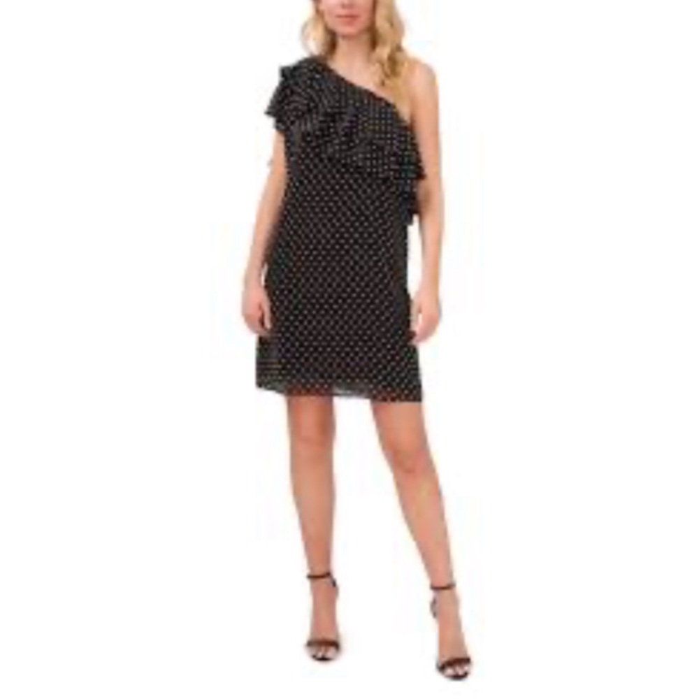 CeCe One-Shoulder Black and White Swiss Dot Dress NWT‎ Size S